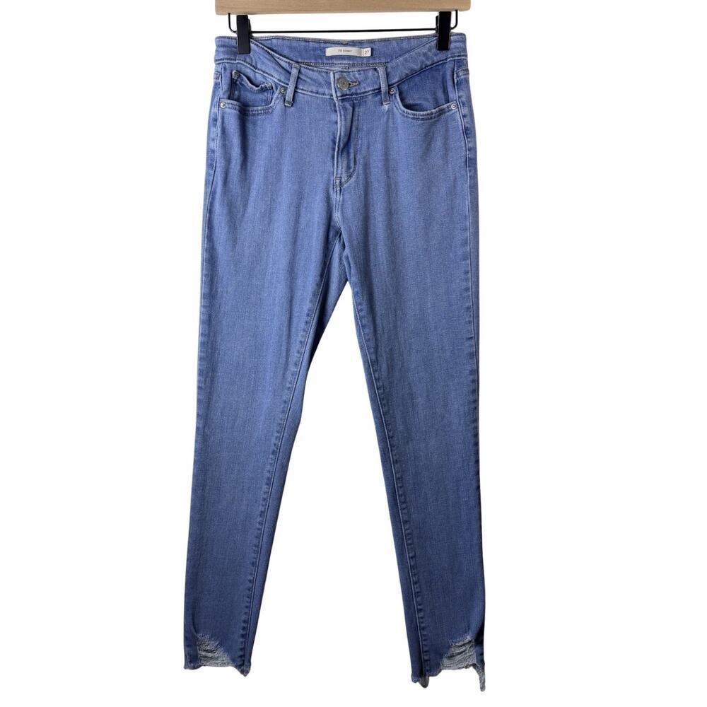 Levis 711 Skinny Slim Jeans Blue Medium Wash Denim Distressed Hem Womens 27